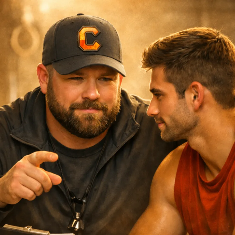 Coach talking closely with an athlete during a focused conversation